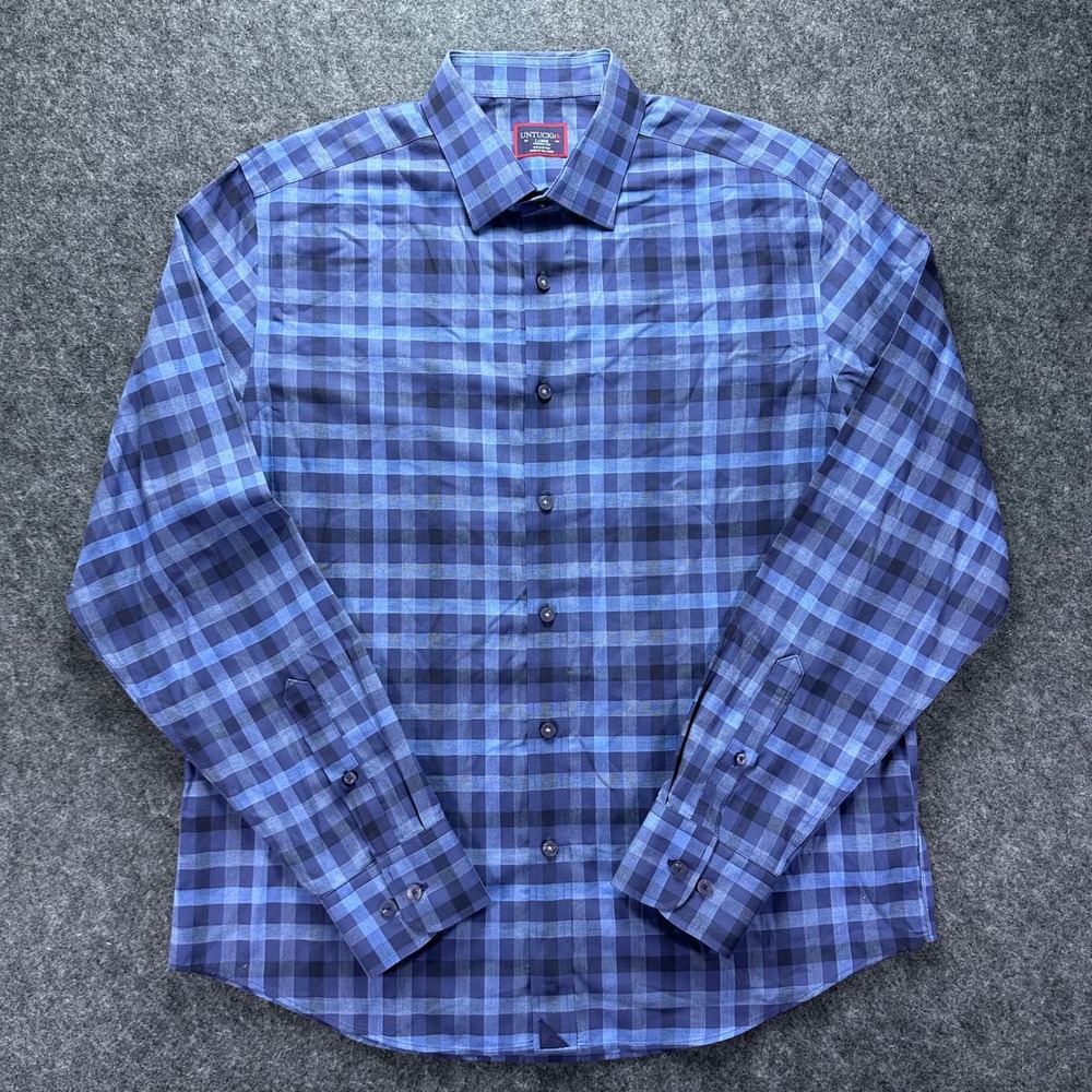 UNTUCKit Mens Blue Plaid Wrinkle Free Casual Button Down Shirt Large